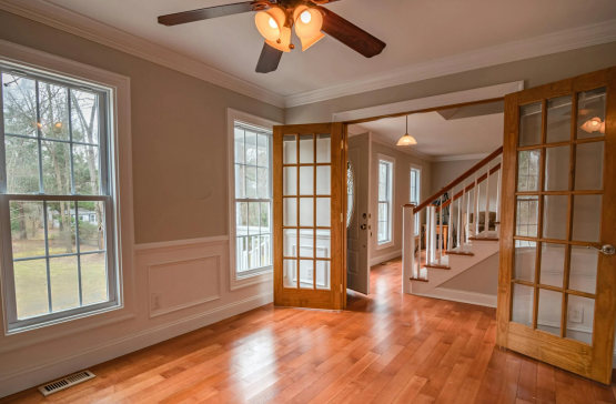 brown flooring and door frame in a house