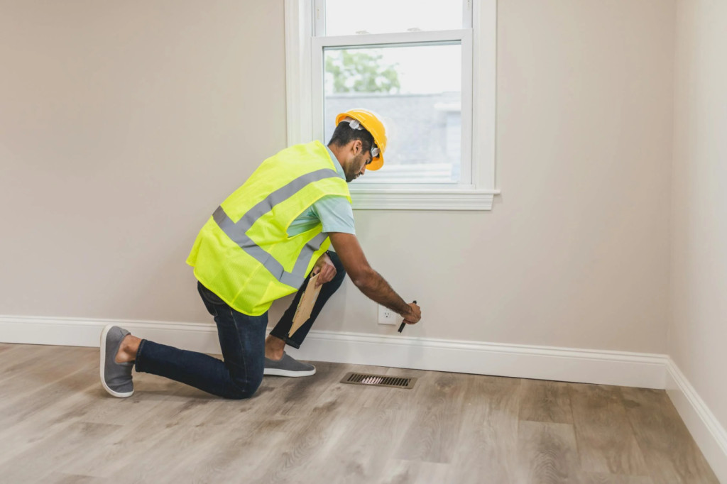 man in vest inspecting